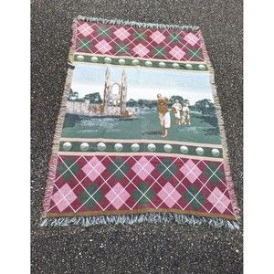 Vintage Golf Ball Clubs Europe Theme Argyle Woven Tapestry Throw Blanket Fringe